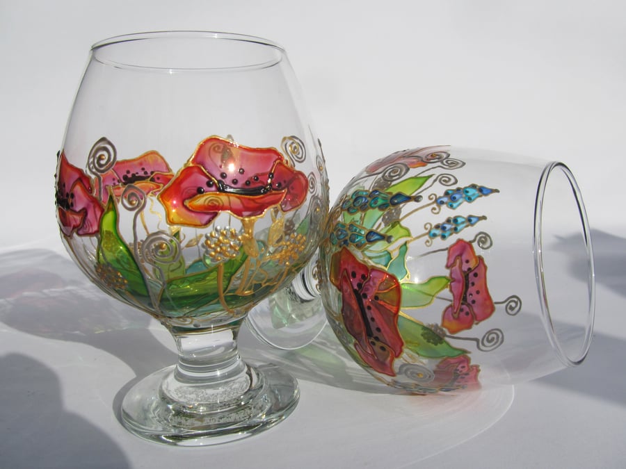 Painted Brandy Glasses (Set of 2) Poppies