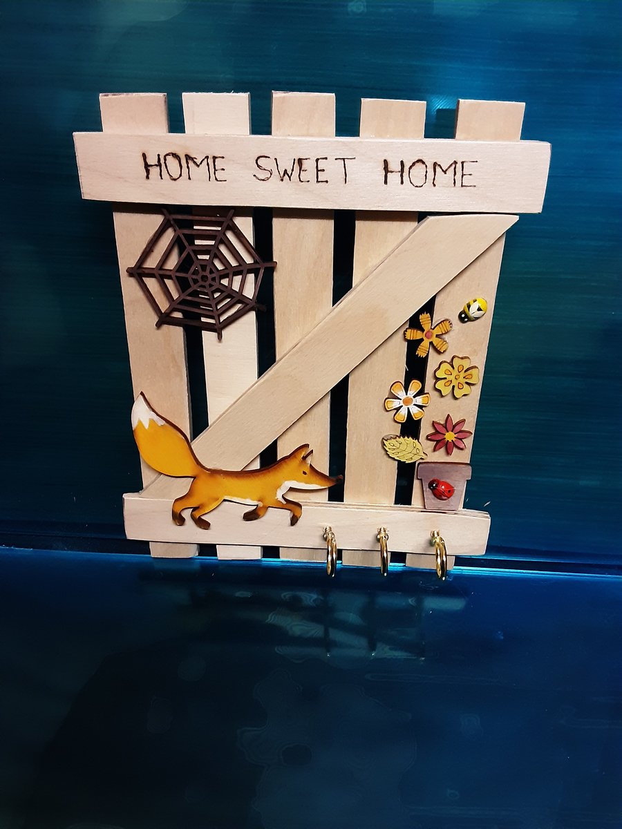 Rustic Hand Made Hanging, Home Sweet Home Fox And Cobweb DesignGate Key Holder 