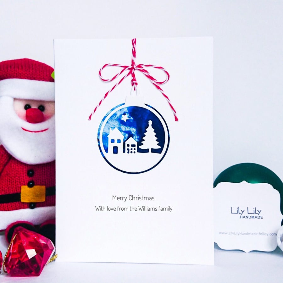 Christmas Card, shiny snow bauble scene, handmade