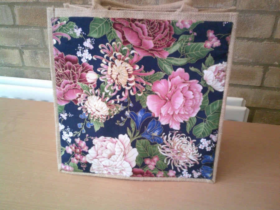 Medium Jute Bag with Peonies and Crysanthemums on a Navy Background