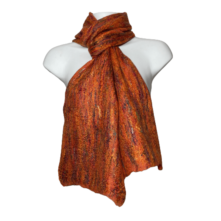 Merino wool felted scarf with recycled sari silk fibres in burnt orange