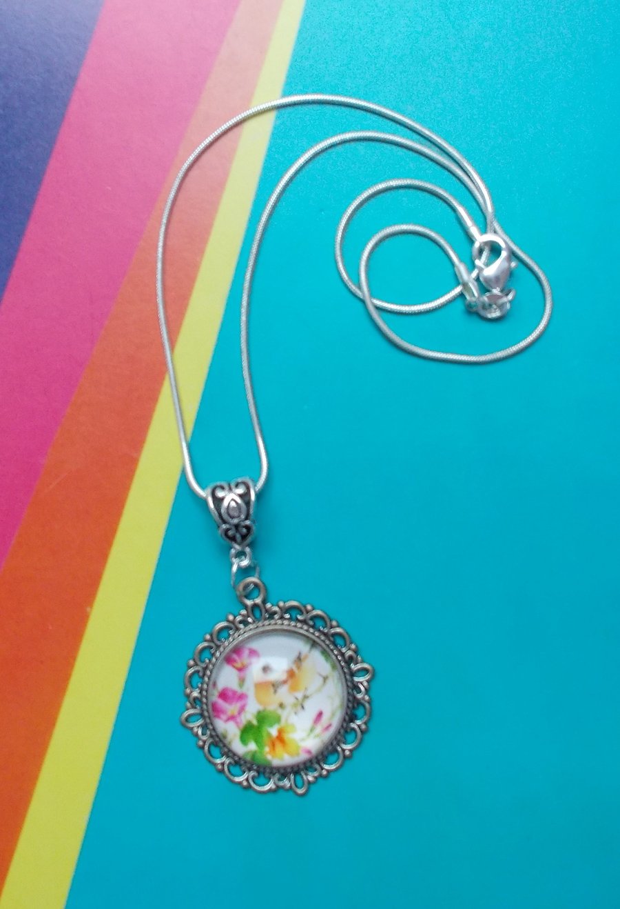 Japanese Floral Illustration of Flowers and Birds in a Glass Cabochon