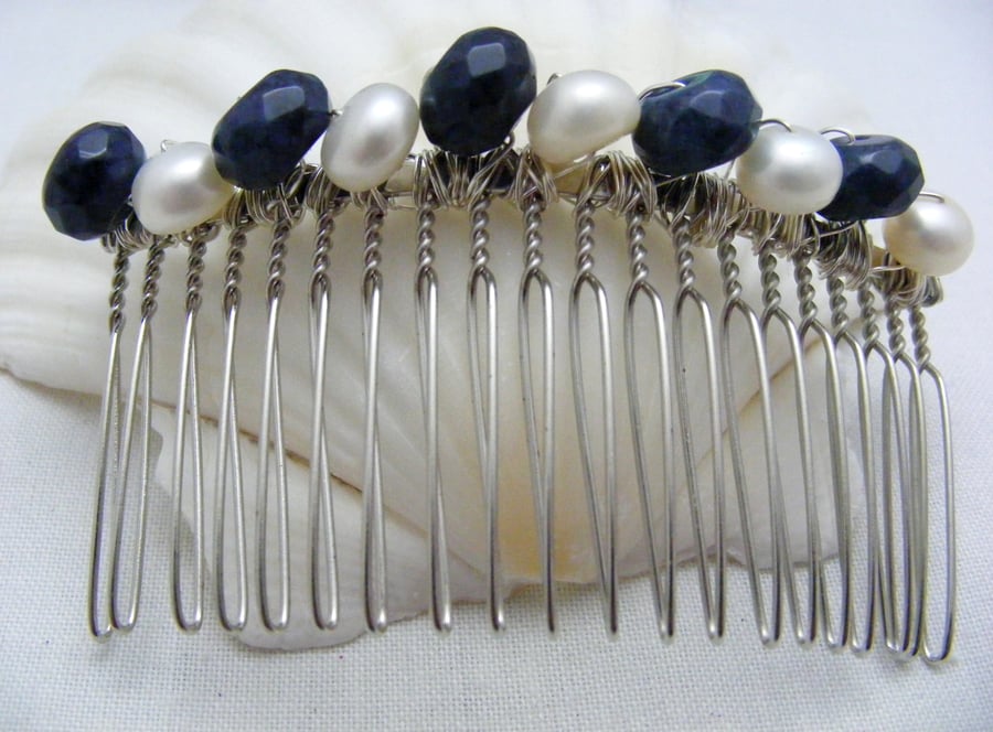Dumortierite and Freshwater Pearl Hair Comb