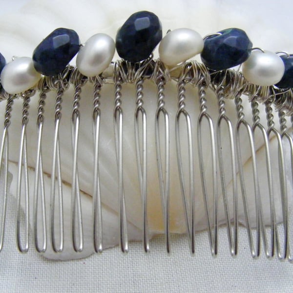 Dumortierite and Freshwater Pearl Hair Comb