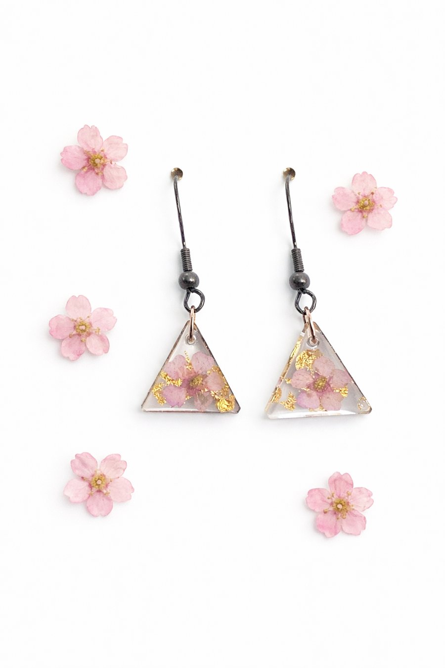 Pink Flower Triangle Resin Earrings with Gold Leaf – Lightweight Dangles