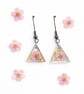 Pink Flower Triangle Resin Earrings with Gold Leaf – Lightweight Dangles