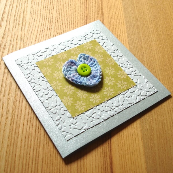 Green and Blue Crochet Heart Greetings Card