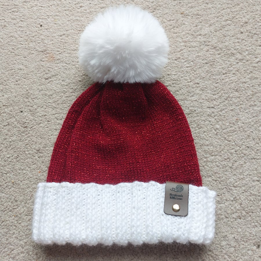 Children's red knitted sparkle beanie hat with removable Faux Fur Pom-Pom 
