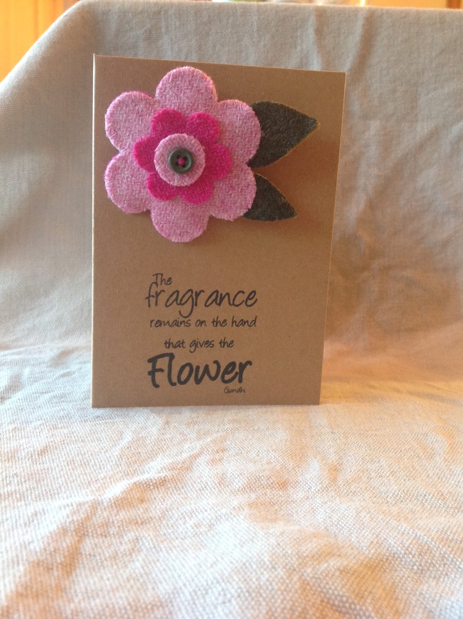A6 kraft card with detachable Harris Tweed and felt brooch and quotation.       