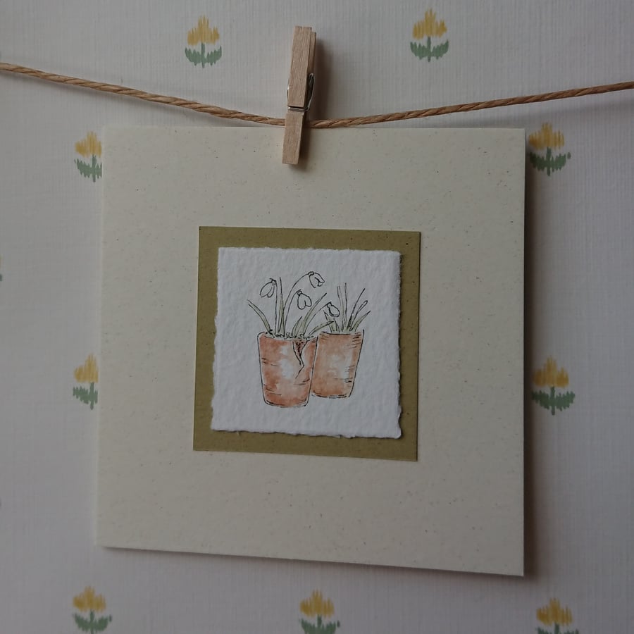 Card - Snowdrops in pots - original drawing - any occasion recycled