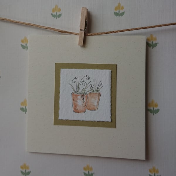 Card - Snowdrops in pots - original drawing - any occasion recycled