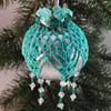 Christmas bauble silver and teal crochet lace vintage style, I4