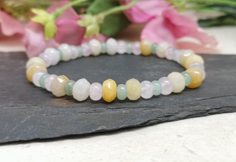 Rose quartz, green aventurine and yellow jade stretchy gemstone bracelet 