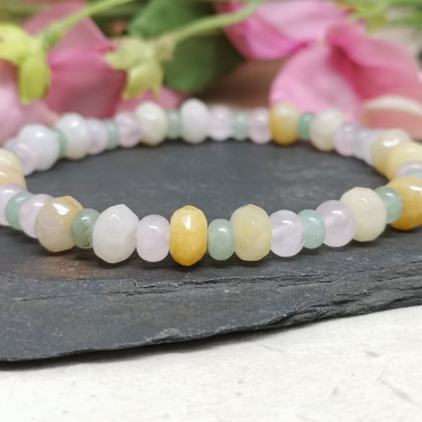 Rose quartz, green aventurine and yellow jade stretchy gemstone bracelet 