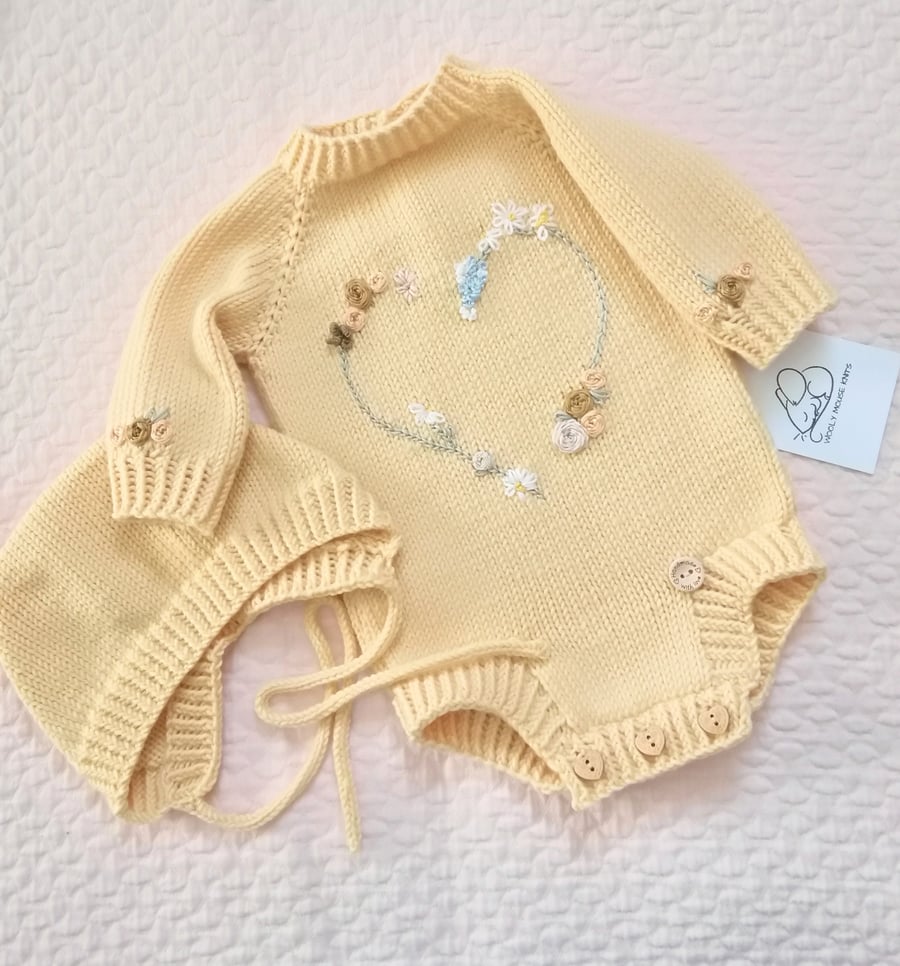 Hand knitted baby romper, coverall, sleepsuit and bonnet set 