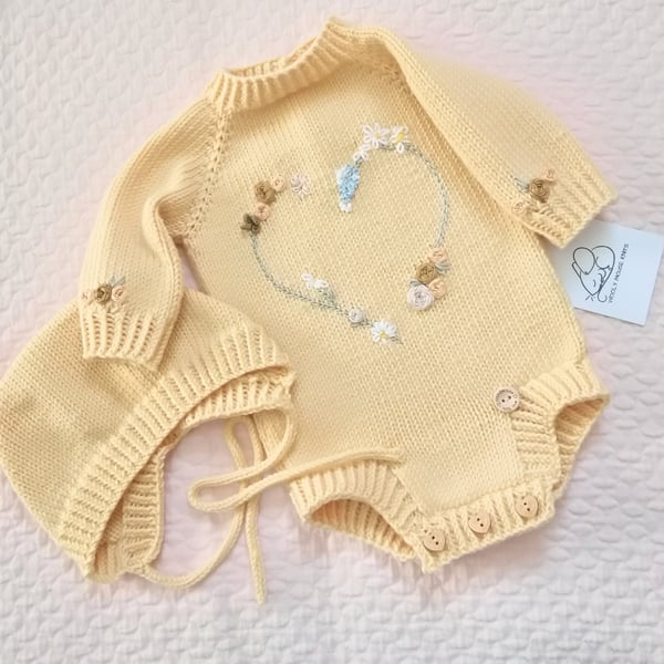 Hand knitted baby romper, coverall, sleepsuit and bonnet set 