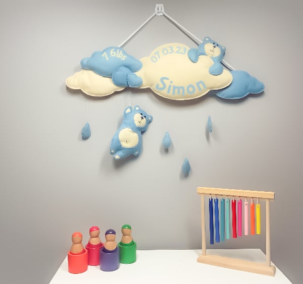 Blue and Beige Teddy Showers - Personalised felt nursery wall and door sign