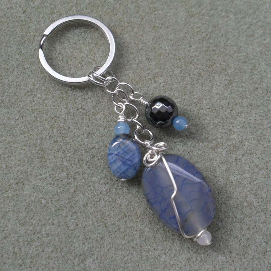 Blue Agate With Quartz and Haematite  Keyring Silver Tone