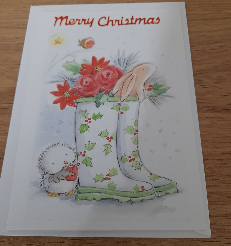 CUTE WELLINGTONS AND ANIMALS CHRISTMAS CARD.