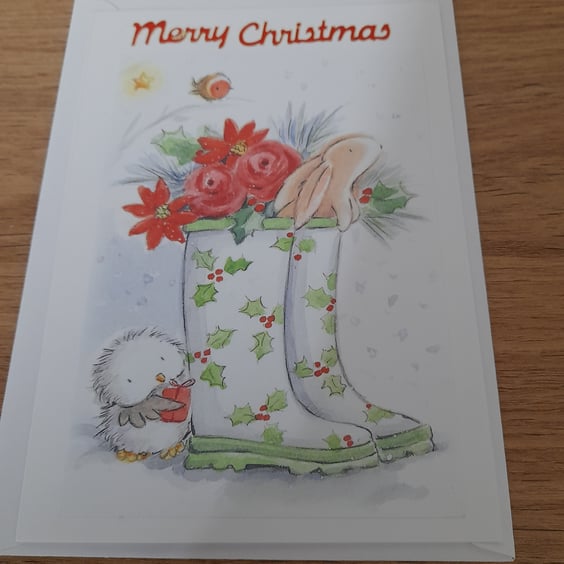 CUTE WELLINGTONS AND ANIMALS CHRISTMAS CARD.