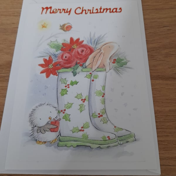 CUTE WELLINGTONS AND ANIMALS CHRISTMAS CARD.