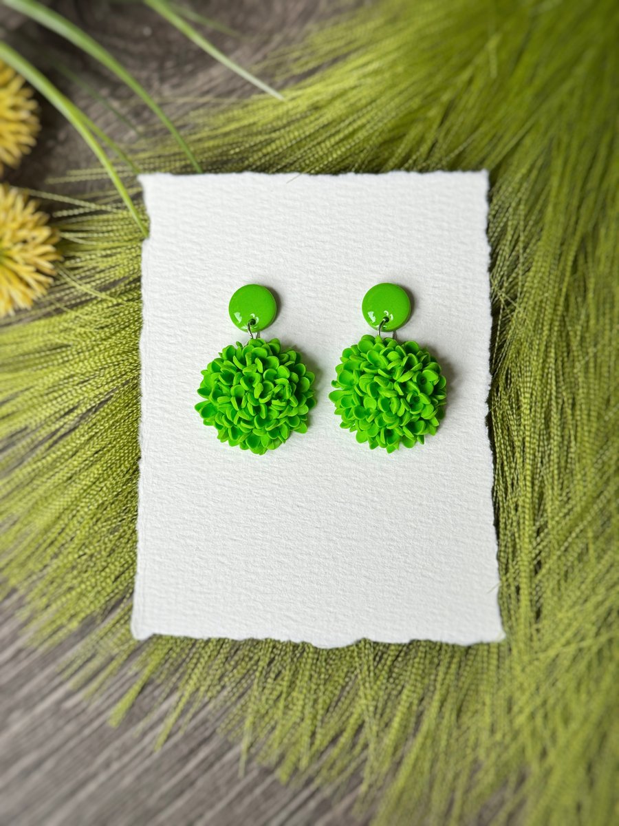 Jungle Green Hydrangea Flower Polymer Clay Earrings 