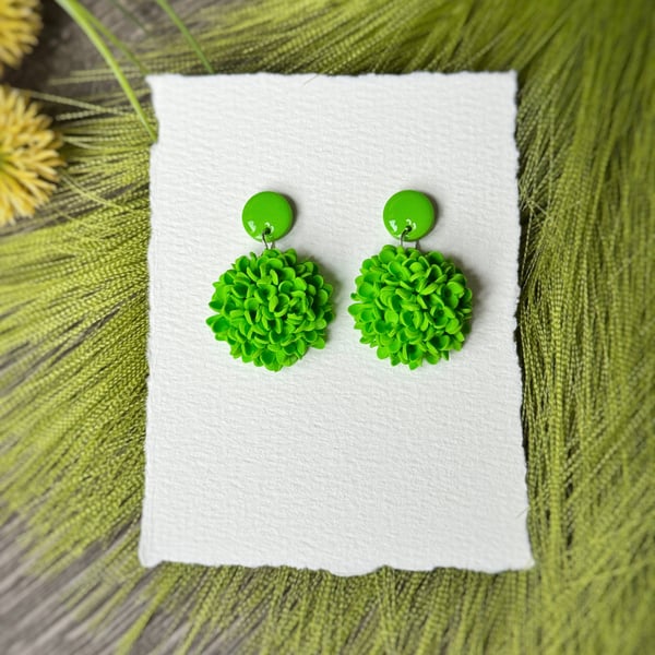 Jungle Green Hydrangea Flower Polymer Clay Earrings 
