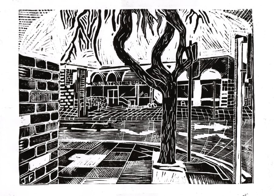 Linocut print, 'View of Nuneaton Library' by John Freeman