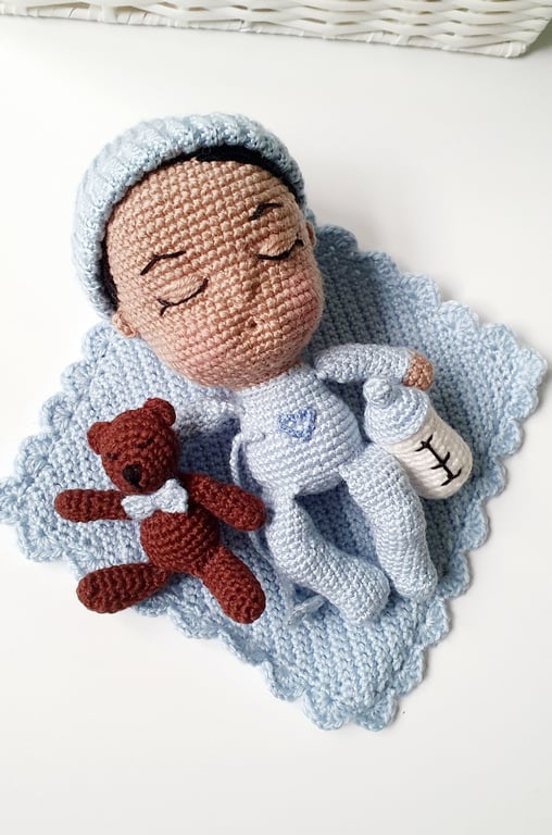 Handmade Heirloom Crocheted Amigurumi Baby Boy Doll Toy with Accessories