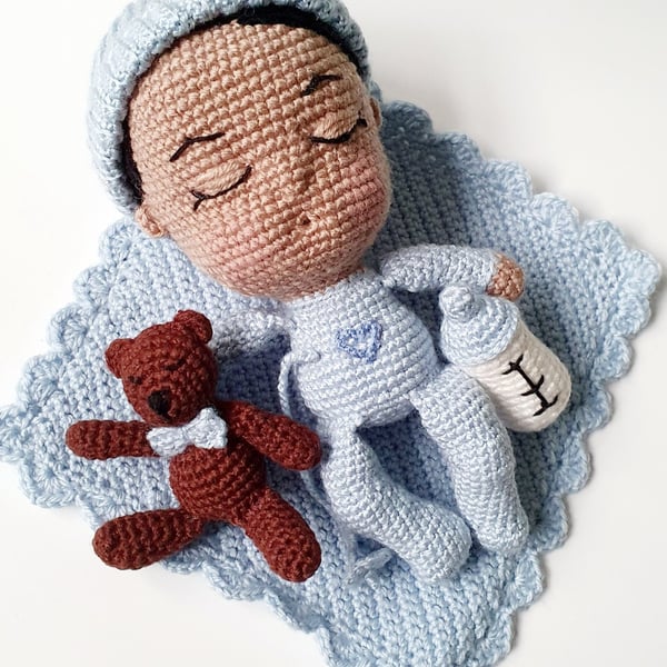 Handmade Heirloom Crocheted Amigurumi Baby Boy Doll Toy with Accessories