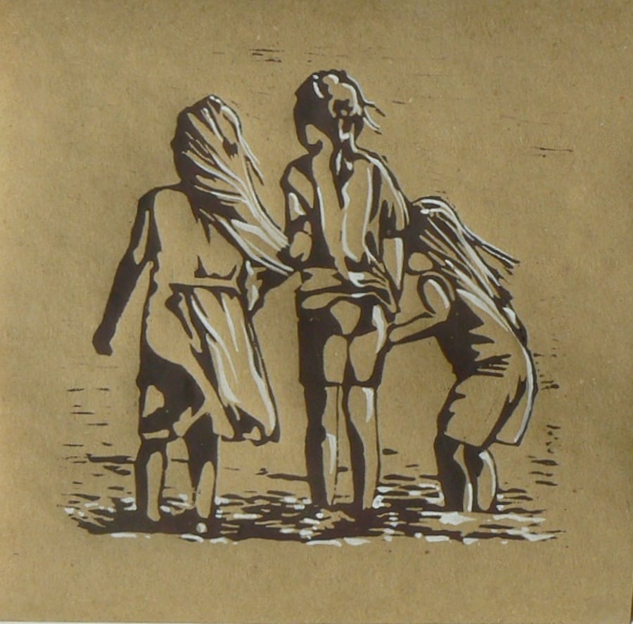 Wave Jumping, lino cut print