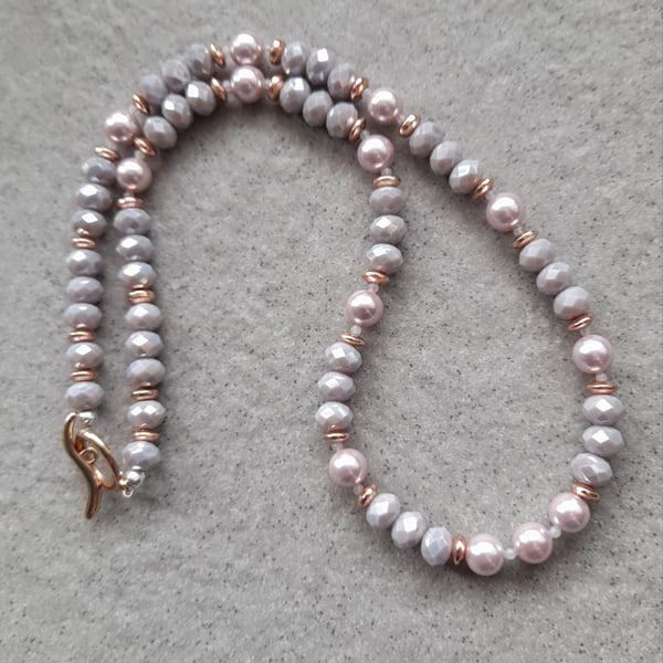 Pink Shell Pearl Crystals Hematite and Rose Quartz  Beaded Necklace 