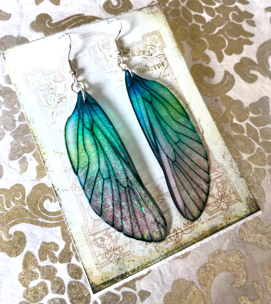 Blue and Green Iridescent Fairy Wing Sterling Silver Earrings