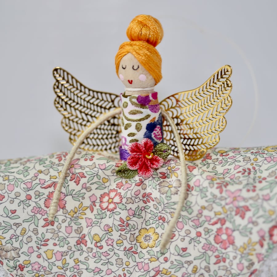 Liberty London 'Katie and Millie' Fabric Handmade Peg Doll (orange hair)