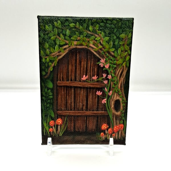 Fairy Door with Mushrooms on Canvas ACEO