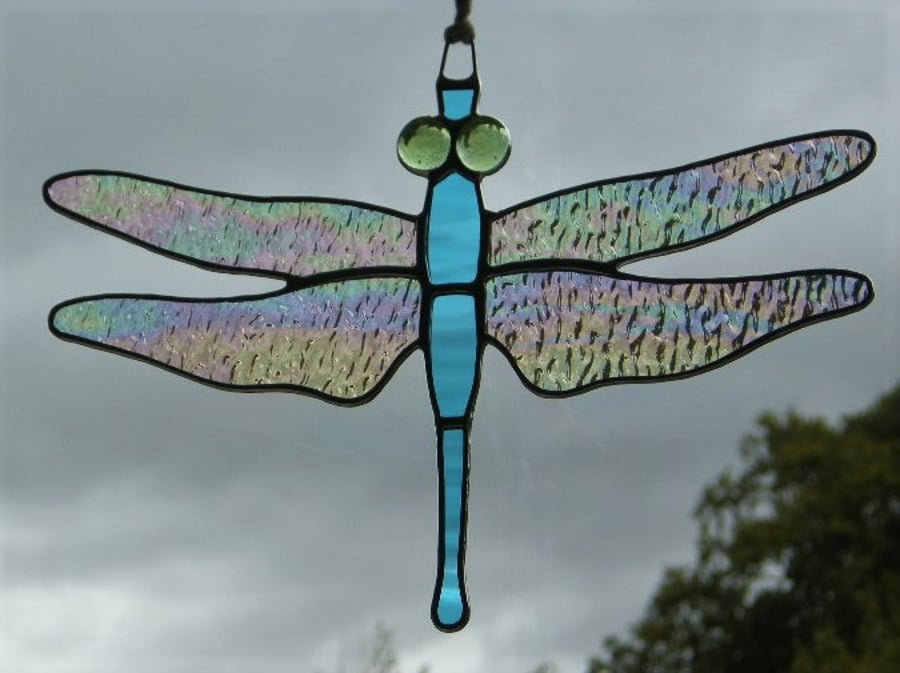 Stained glass suncatcher Dragonfly iridescent wings, sky blue body & green eyes