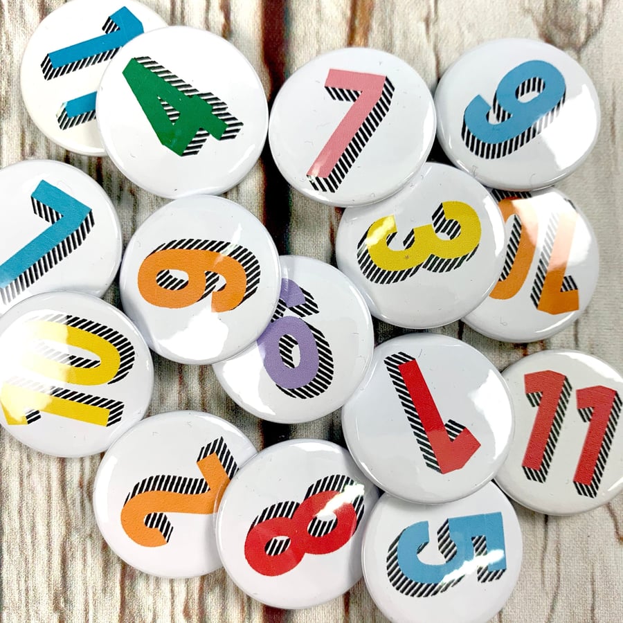 Number Pin Button Badge, Rainbow of colours. Birthday's 1, 2, 3, 4, 5, 6, 7, 8, 