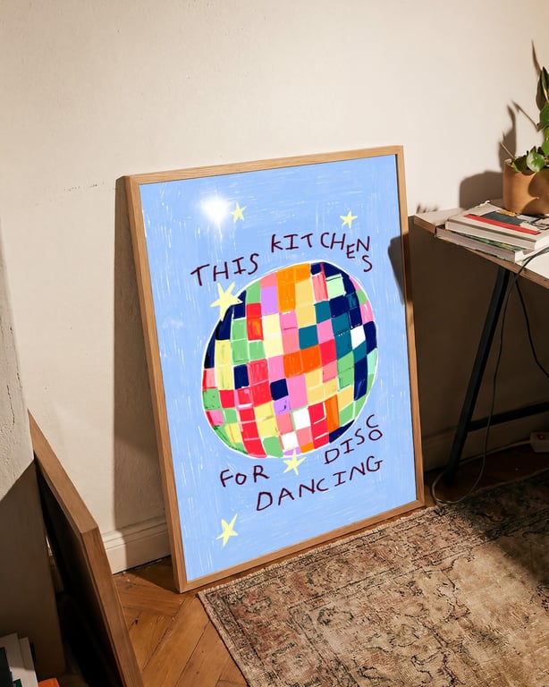 kitchen Disco art print wall decor, Disco ball Illustration, kitchen Dancing Art