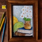 White Flowers, Books and Yarn - framed original artwork