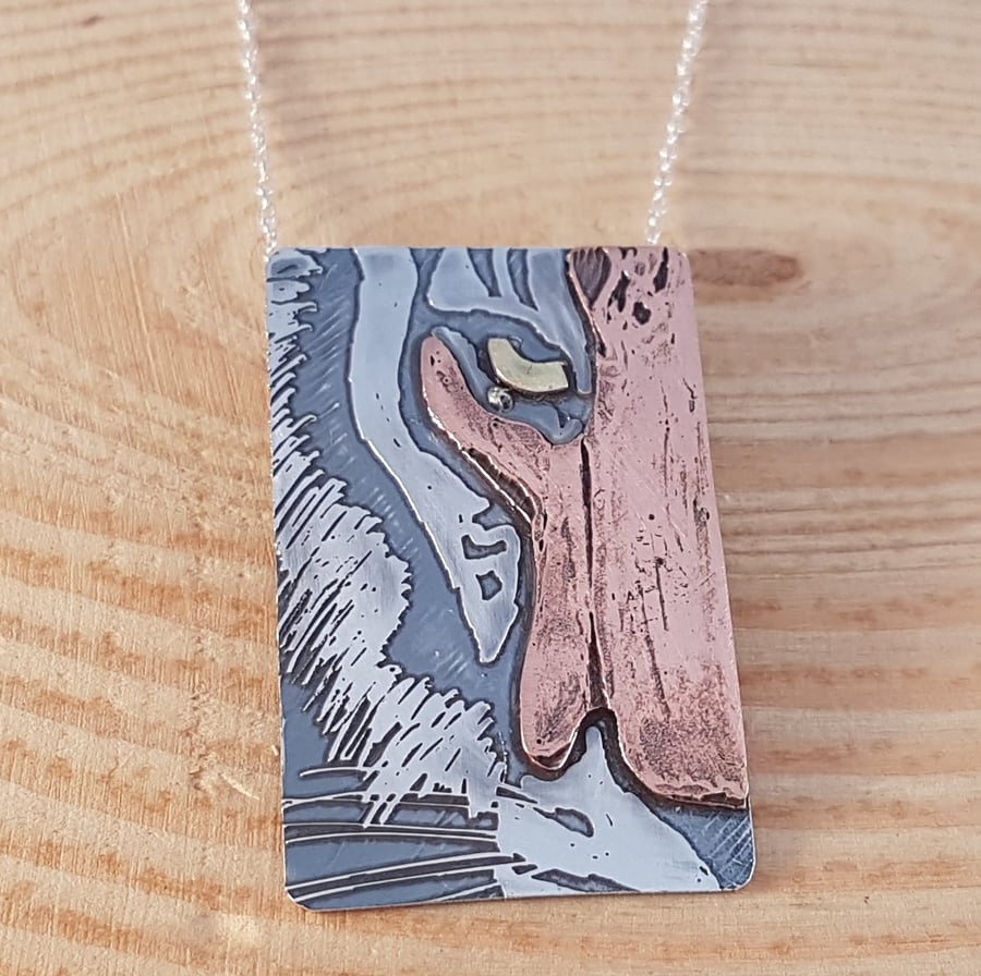 Sterling Silver, Copper and Brass Etched Half Tiger Face Necklace Pendant