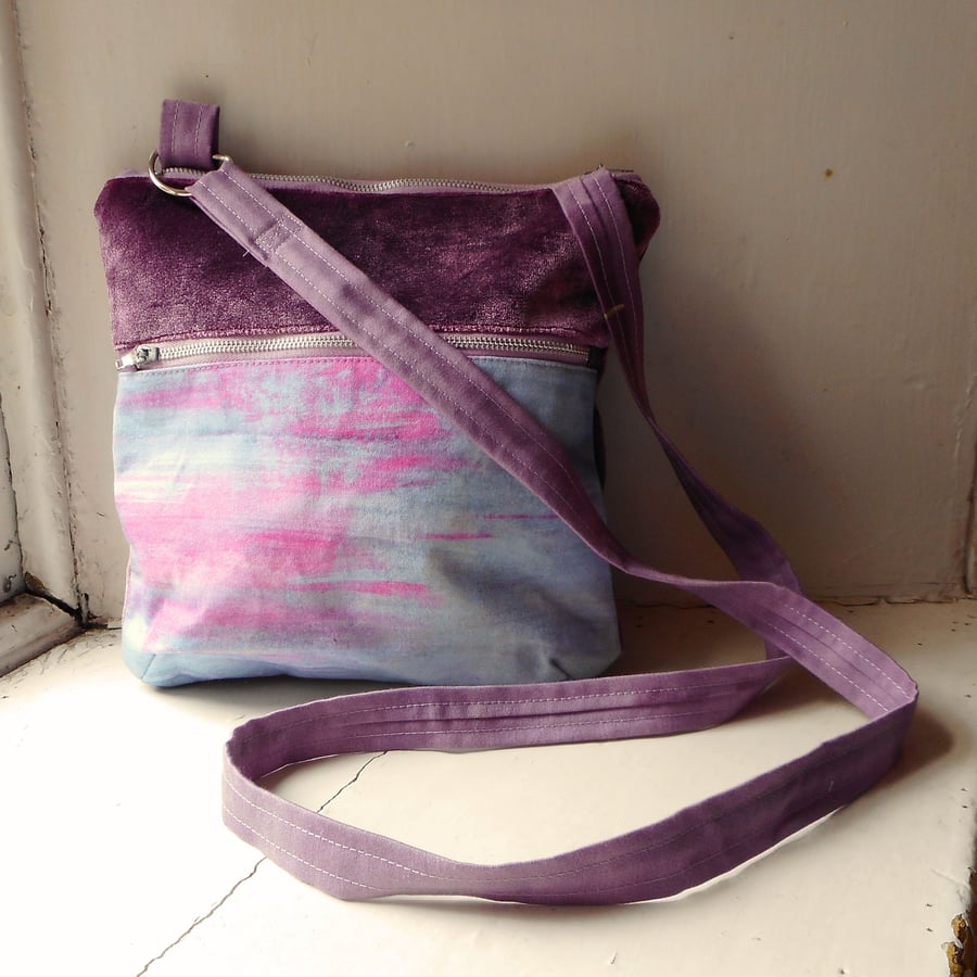 Sold. Dusk - luxurious fabric crossbody bag with zipped pocket 
