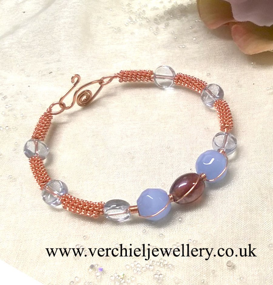 Handmade Coiled Copper Wire Bracelet with Ocean Blue Beads