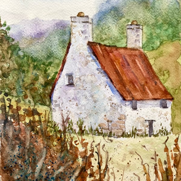 Original watercolour painting of Irish whitewashed cottage,