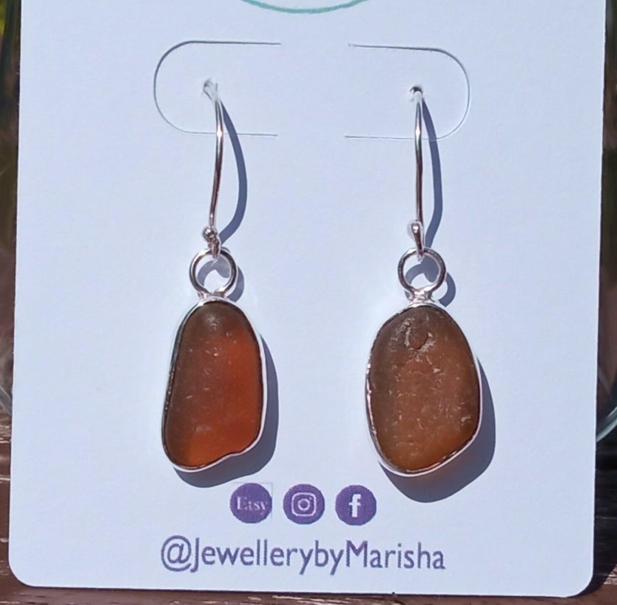 "Ecosilver" Recycled Silver & Fine Silver Rich Brown Cornish Seaglass Earrings