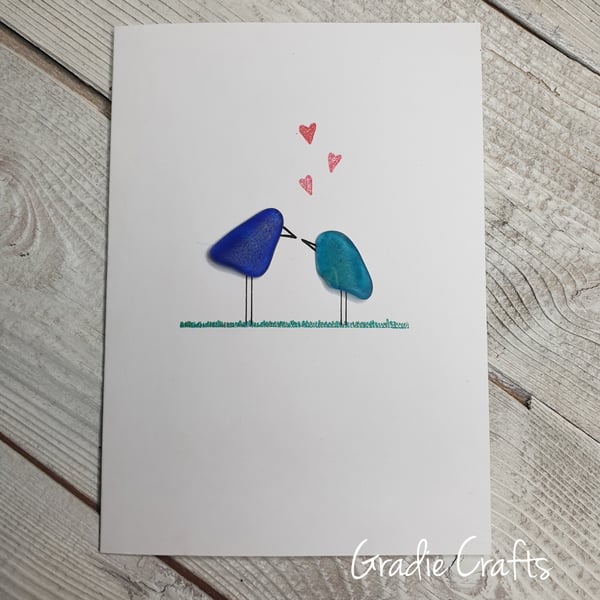 Hand Painted Welsh Sea Glass Blue Love Birds Card