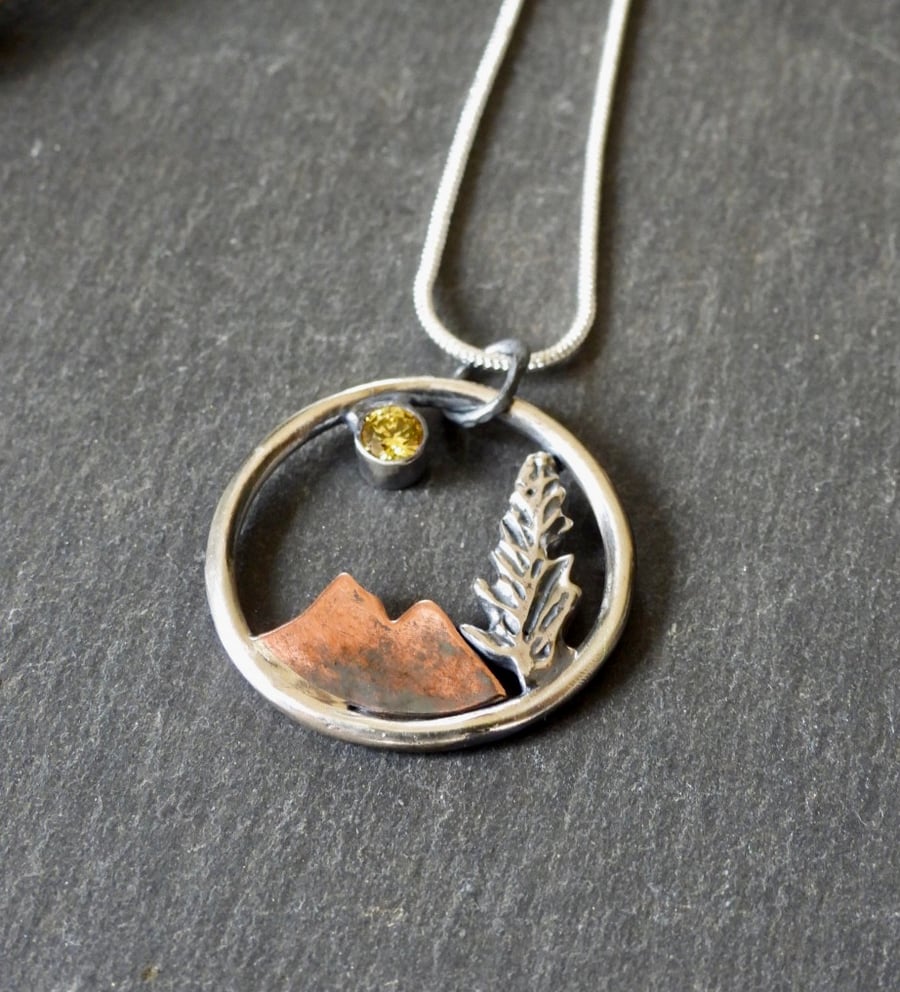Storybook Pendent Necklace, Mountain Scene With a Tree and Yellow Stone Sun.