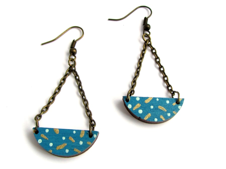 Polka Dot Painted Blue Semi Circle Drop Style Swing Earrings