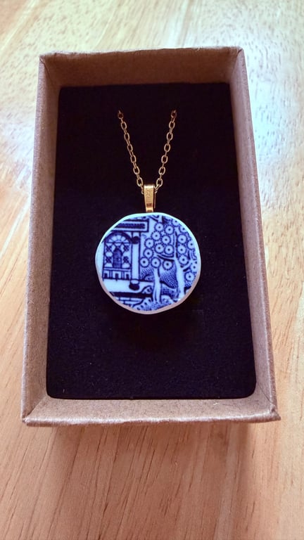 Upcycled bone china necklace blue willow pattern
