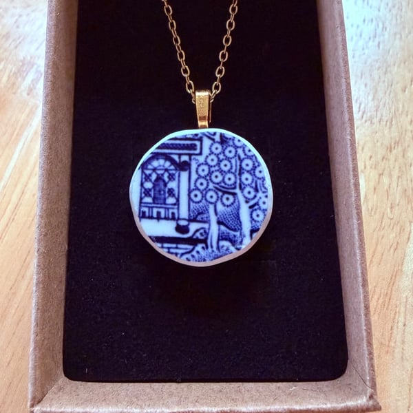Upcycled bone china necklace blue willow pattern