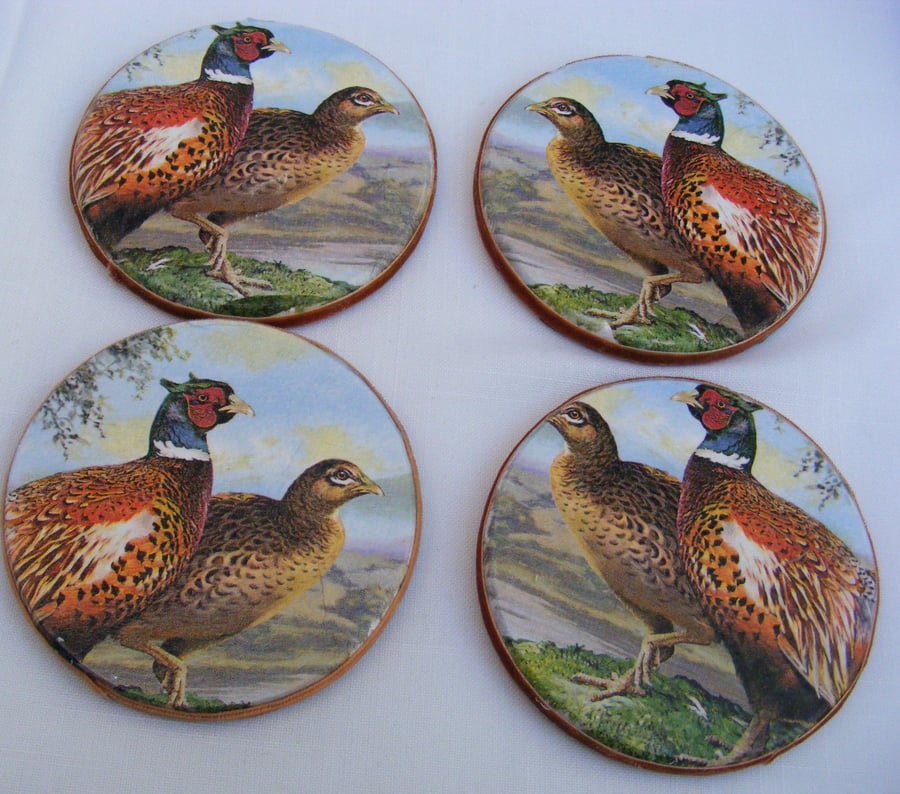Set of 4 Round wooden decoupaged Pheasant Coasters